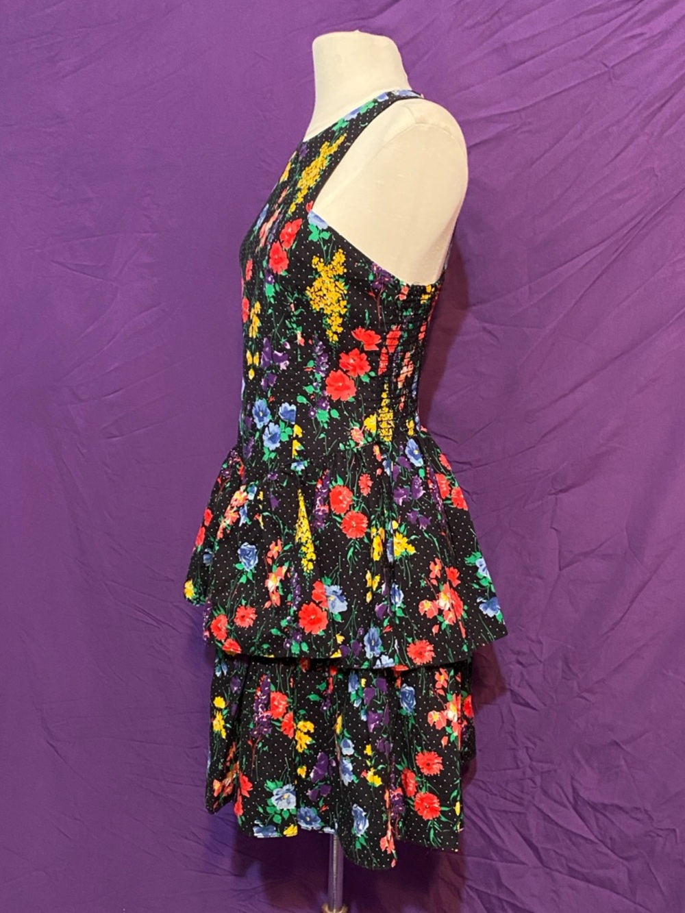 Vintage 80s All that Jazz Black Floral Tiered Mini Dress with Bright Blooms. - Picture 3 of 6